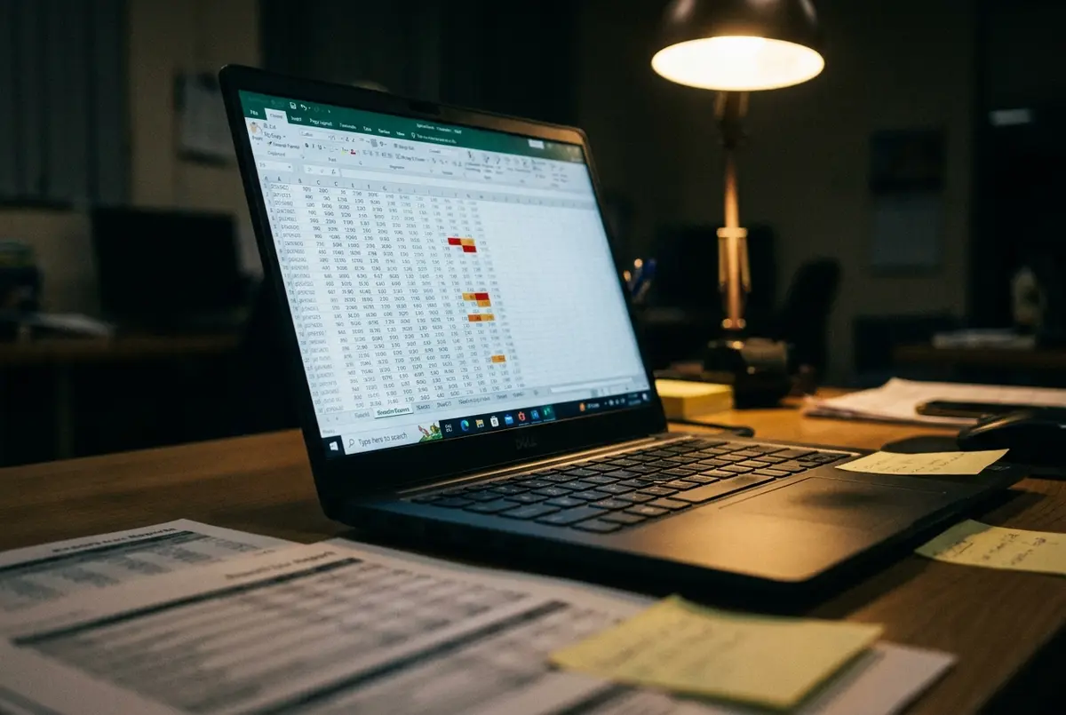 A laptop on a desk at night showing a dense spreadsheet with flagged cells, surrounded by printed reports