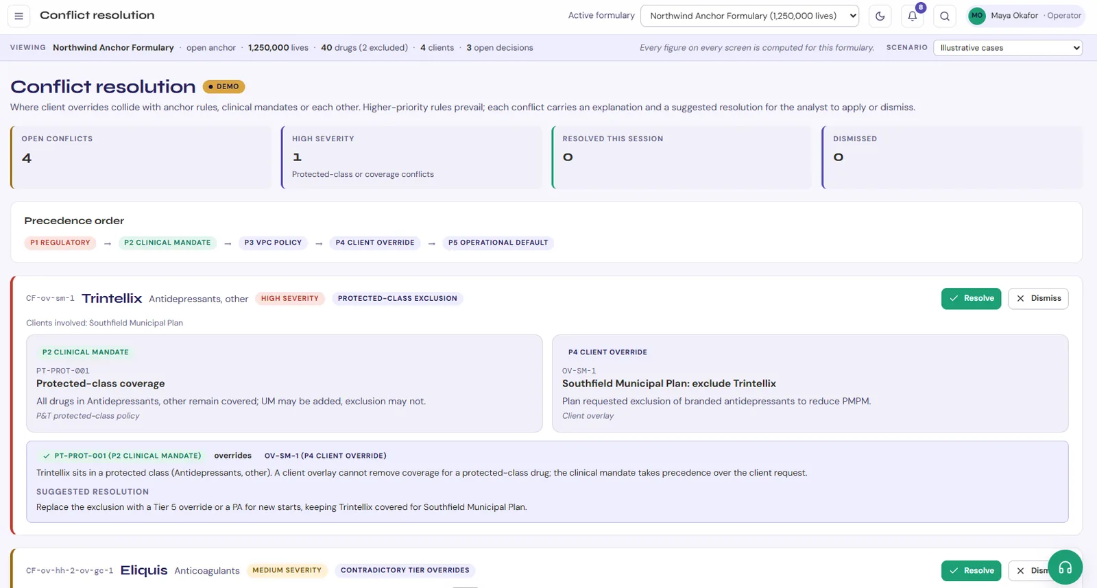 The Conflict resolution screen, where each conflict between rules carries an explanation and a suggested resolution