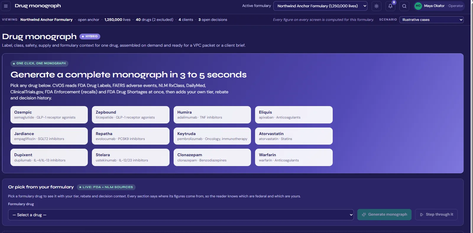 The Drug monograph screen: pick any drug and a complete monograph is assembled from cited sources