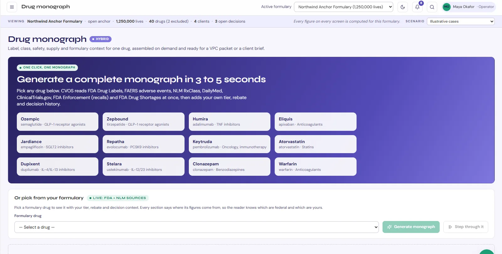 The Drug monograph screen, which assembles a complete monograph for any drug from cited sources